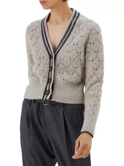 Shop Brunello Cucinelli Cropped Pointelle Cardigan In Light Gray