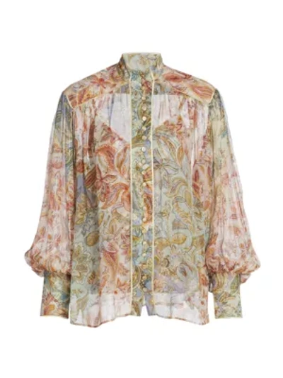 Shop Zimmermann Lucky Bound Puff-sleeve Floral Silk Blouse In Mixed Jacobean