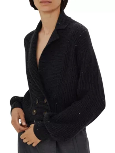 Shop Brunello Cucinelli Cropped Double Breasted Cardigan In Onyx