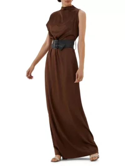 Shop Brunello Cucinelli Asymmetric Belted Stretch-silk Gown In Brown