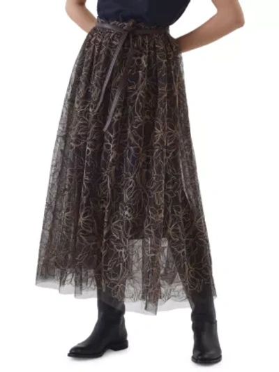 Shop Brunello Cucinelli Embroidered Floral Tulle Belted Midi Skirt In Charcoal