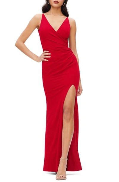 Shop Dress The Population Jordan Ruched Side Slit Gown In Rouge