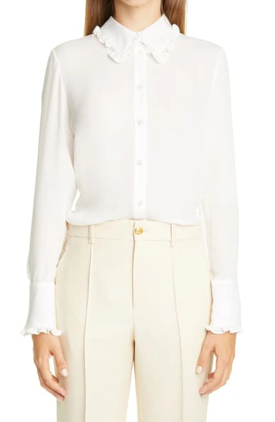 Shop Adam Lippes Ruffle Trim Silk Long Sleeve Shirt In Ivory