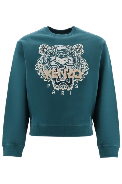 Shop Kenzo Sweatshirt With Tiger Embroidery In Bleu Canard (green)