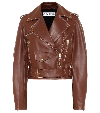 Shop Jw Anderson Cropped Leather Biker Jacket In Brown