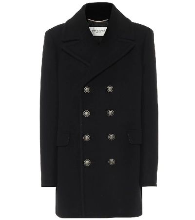 Shop Saint Laurent Double-breasted Wool And Angora Coat In Black