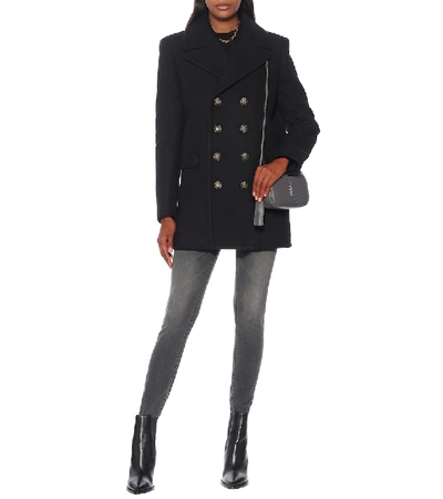 Shop Saint Laurent Double-breasted Wool And Angora Coat In Black