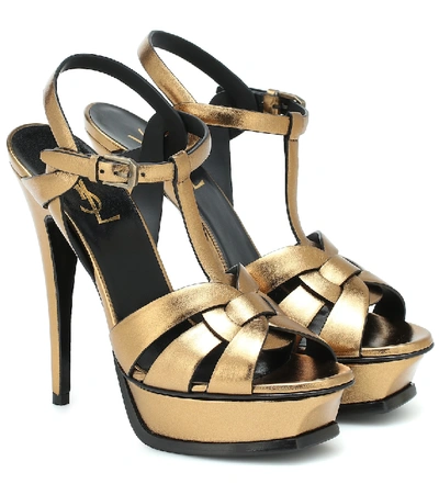 Shop Saint Laurent Tribute 135 Leather Platform Sandals In Gold