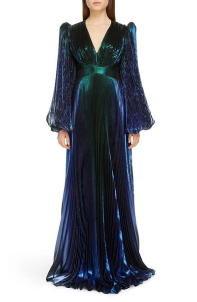 Shop Givenchy Pleated Long Sleeve Degrade Lame Gown In Blue Green