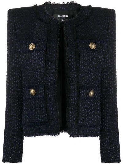 Shop Balmain Tweed Square-shoulder Jacket In Blue