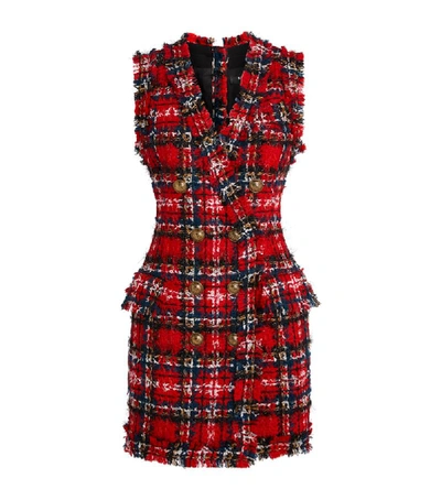 Shop Balmain Tartan Tweed Mini Dress