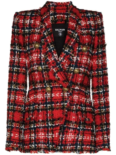 Shop Balmain Tartan Tweed Double-breasted Blazer In Red