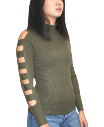 Shop Almost Famous Juniors' Lattice Sleeve Sweater In Olive