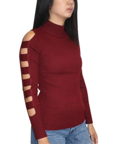 Shop Almost Famous Juniors' Lattice Sleeve Sweater In Burgundy