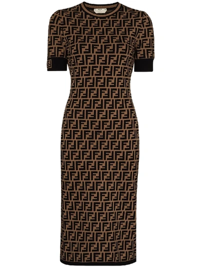 Shop Fendi Ff-print Midi Dress In Brown