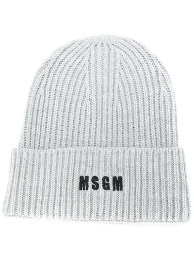 Shop Msgm Logo-embroidered Ribbed Knit Beanie In Grey