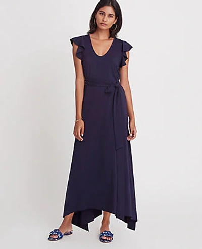 Shop Ann Taylor Petite Ruffle Sleeve Belted Maxi Dress In Night Sky