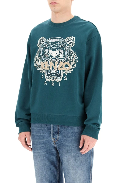 Shop Kenzo Sweatshirt With Tiger Embroidery In Green