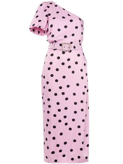 Shop Rebecca Vallance Mattel One-shoulder Polka-dot Print Midi Dress In Pink