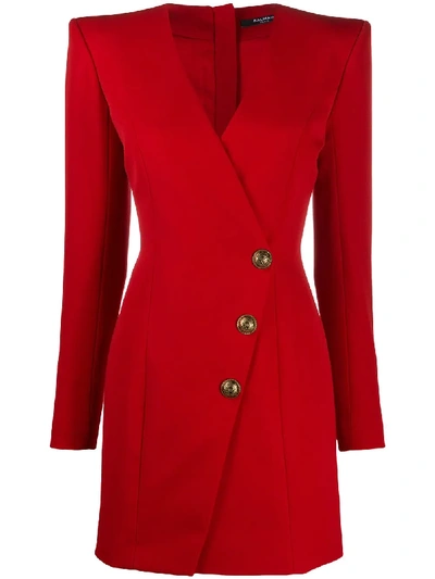 Shop Balmain Short Button Wrap Dress In Red