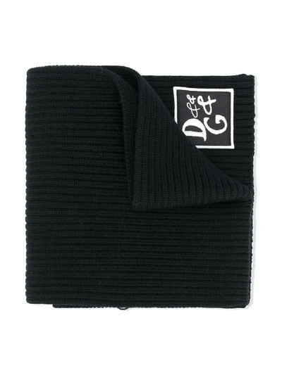 Shop Dolce & Gabbana Rib Knit Scarf With Logo Patch In Black