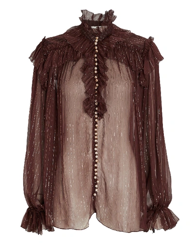 Shop Zimmermann Ladybeetle Ruffled Silk Chiffon Blouse In Brown