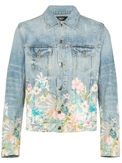 Shop Amiri Distressed Floral Denim Jacket In Blue