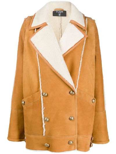 Shop Balmain Shearling Double-breasted Short Coat In Neutrals