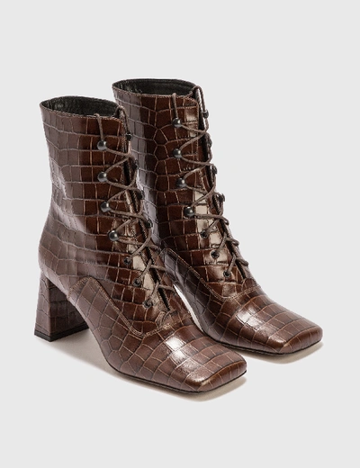 Shop By Far Claude Nutella Croco Embossed Leather Boot In Brown
