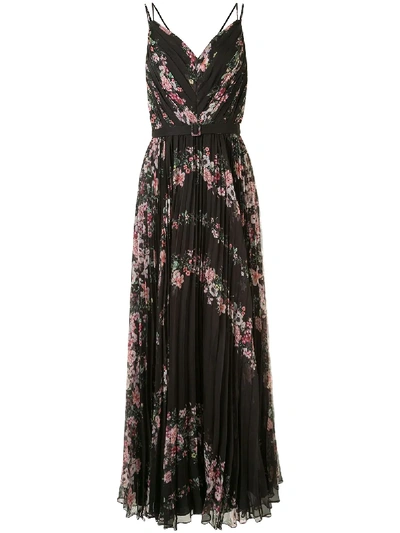 Shop Marchesa Notte Floral-print Pleated Long Dress In Black