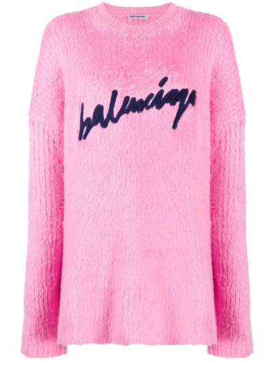 Shop Balenciaga Fuzzy Logo Sweatshirt In Pink