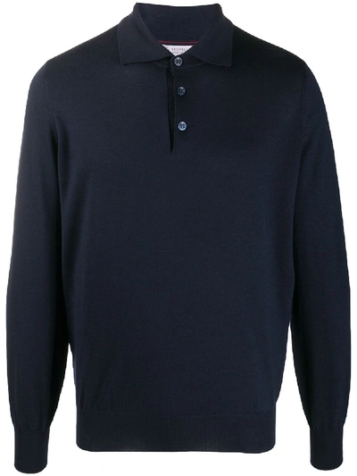 Shop Brunello Cucinelli Long Sleeved Knitted Polo Shirt In Blue