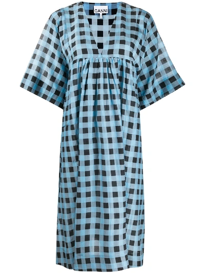 Shop Ganni Checkered Tent Midi Dress In Blue