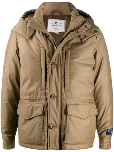 Woolrich Hooded Logo-patch Parka In Neutrals