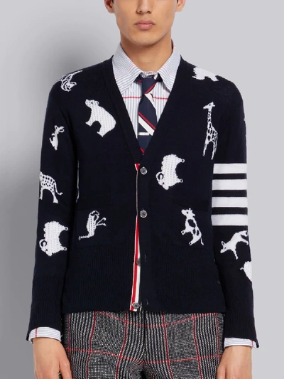 Shop Thom Browne Navy Fine Merino Wool Animal Icon 4-bar V-neck Cardigan In Blue