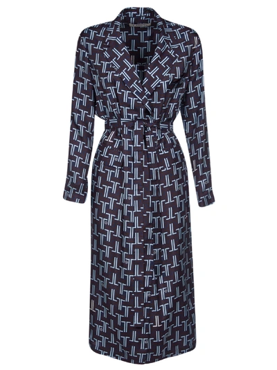 Shop Lanvin Tie-waist Pattern Printed Dress In Navy Blue