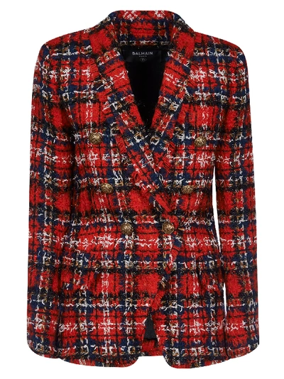Shop Balmain Double-breasted Check Frayed Blazer In Multicolor