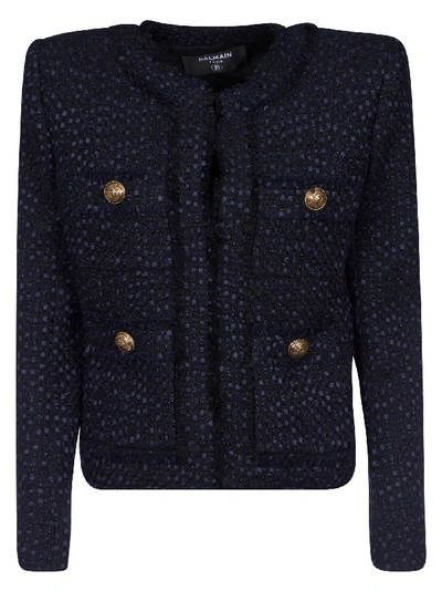 Shop Balmain Frayed Woven Jacket In Blue