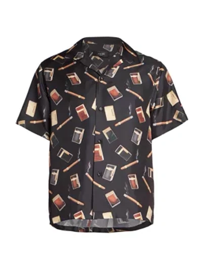 Shop Amiri Dupont Falling Cigarette-print Silk Short-sleeve Shirt In Black