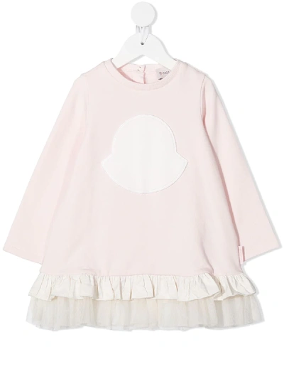 Shop Moncler Logo Embroidered Ruffle Dress In Pink