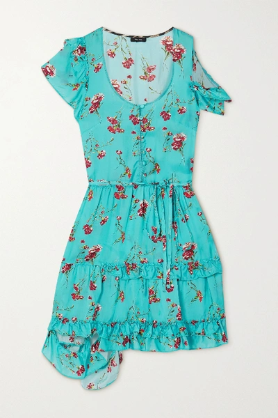 Shop R13 Cold-shoulder Ruffled Floral-print Satin Mini Dress In Blue