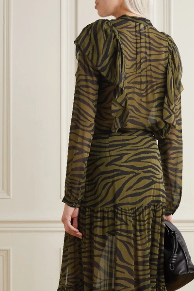 Shop Veronica Beard Camilla Ruffled Zebra-print Silk Crepe De Chine Blouse In Army Green