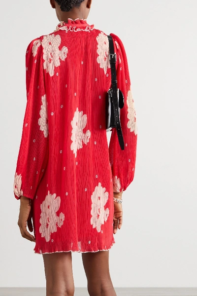 Shop Ganni Ruffled Floral-print Plissé-georgette Mini Dress In Red