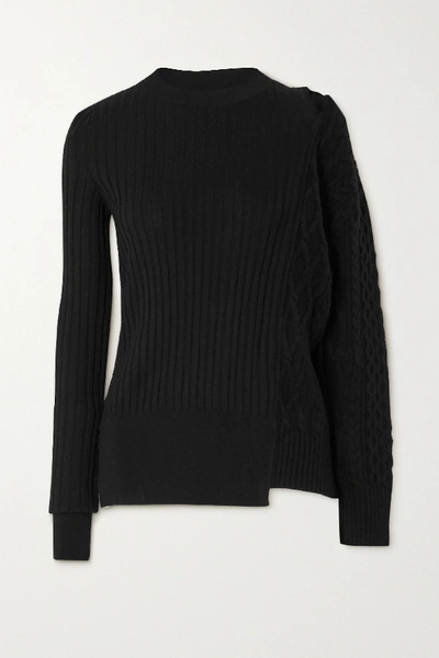 Shop Sacai Cutout Paneled Ribbed And Cable-knit Wool Sweater In Black