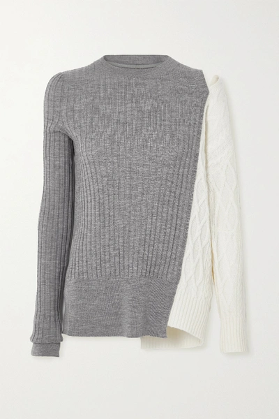 Shop Sacai Cutout Paneled Ribbed And Cable-knit Wool Sweater In Gray