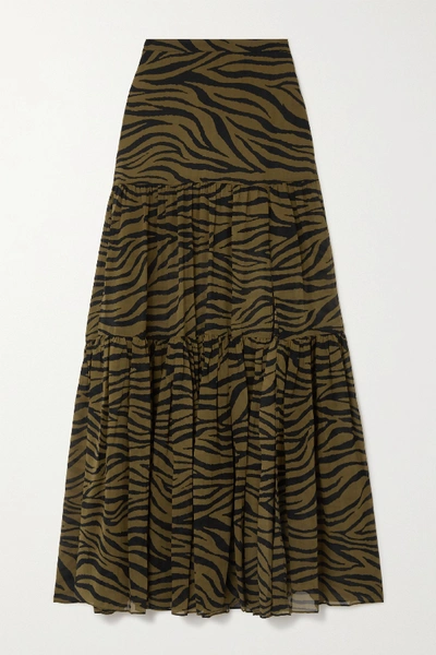 Shop Veronica Beard Serence Tiered Zebra-print Silk Crepe De Chine Maxi Skirt In Army Green