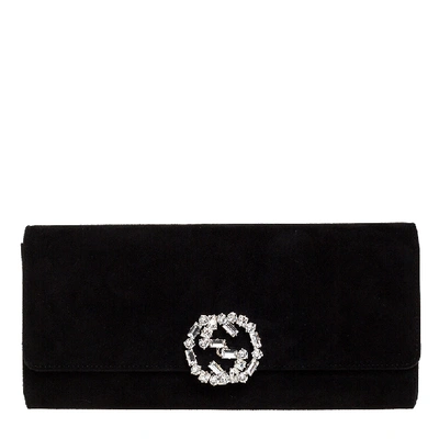 Pre-owned Gucci Black Crystal Embellished Suede Interlocking G Broadway Clutch