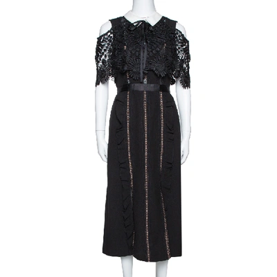 Pre-owned Self-portrait Black Crepe Lace Overlay Hinkley Midi Dress M