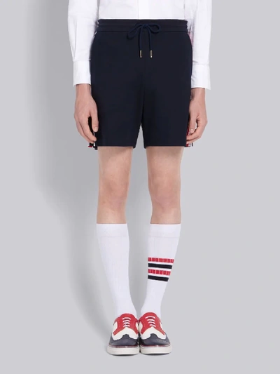 Shop Thom Browne Navy Cotton Interlocking Rwb Stripe Mid-thigh Shorts In Blue