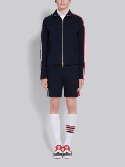 Shop Thom Browne Navy Cotton Interlocking Rwb Stripe Mid-thigh Shorts In Blue